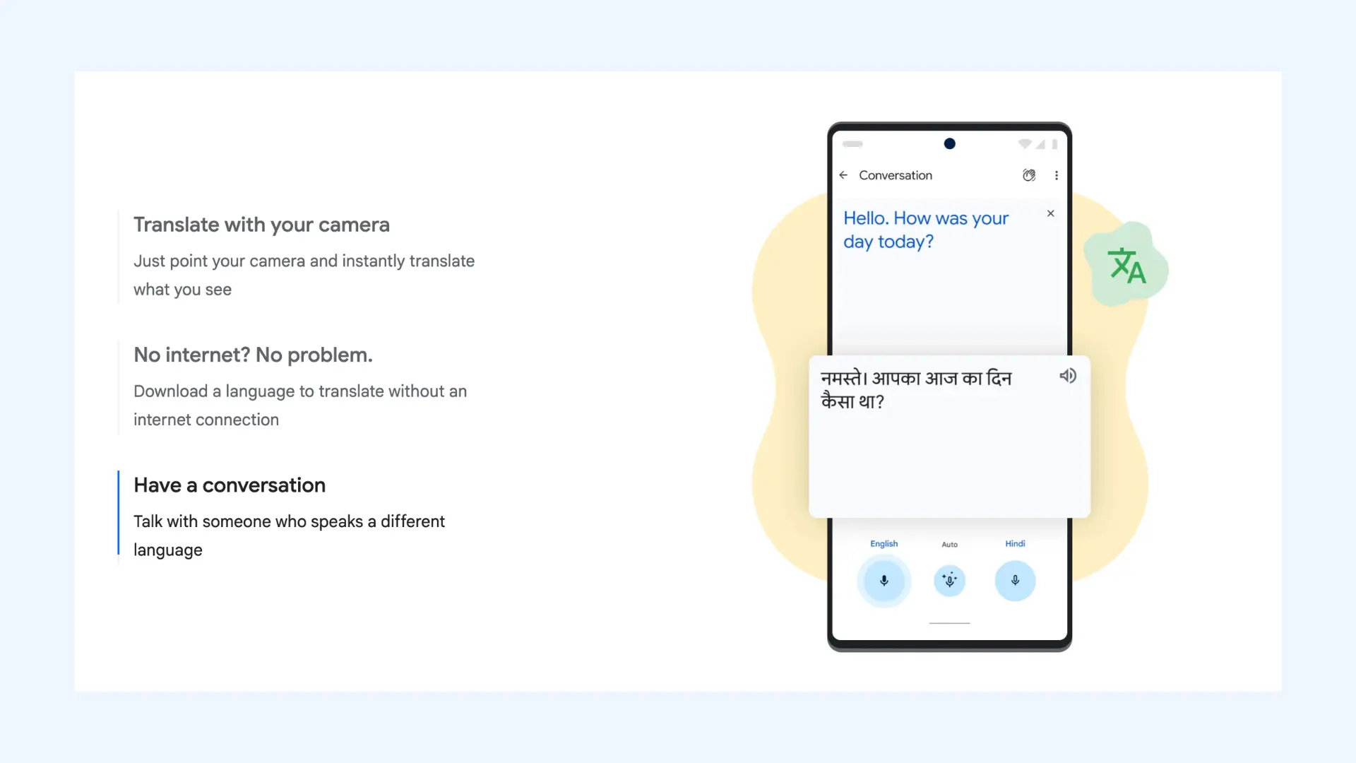 Google翻訳のプロモーショングラフィック。カメラ翻訳、オフラインモード、会話モードなどの主要機能を紹介。
